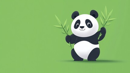 Naklejka premium 3D render of a cute panda holding bamboo, smiling with a white face and black fur.