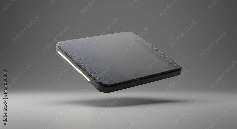 Poster futuristic sleek black tablet device with glowing edge hovering in minimalist studio setting