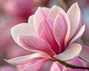 Fototapeta premium Delicate pink magnolia blossom in soft light showcasing nature s gentle beauty and springtime elegance