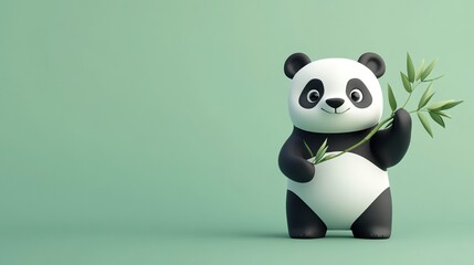 3D render of a cute panda holding bamboo against a green background.