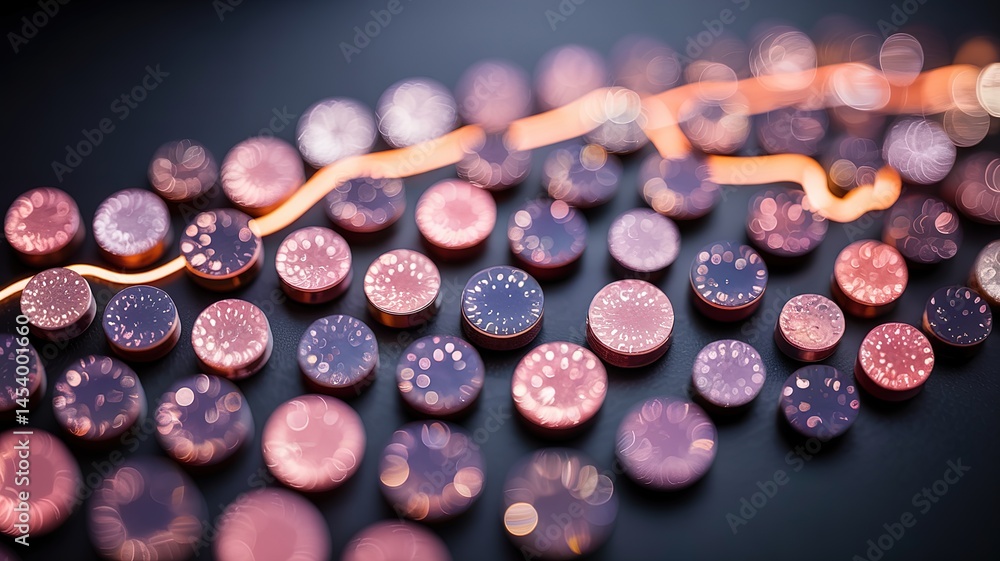 Poster abstract array of circular objects with bokeh and light trail on