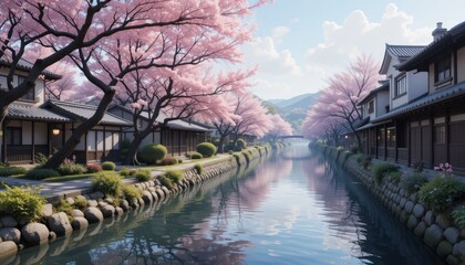 Serene Cherry Blossom Canal in Japan: A Digital Masterpiece