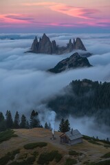 Scenic alpine landscape features mountains, forest, cabin, and low clouds under colorful sky