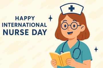 Happy International Nurse Day illustration with smiling cartoon nurse holding a book, celebrating healthcare workers and appreciation