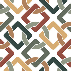 Seamless abstract geometric pattern with green, yellow, and red interlocking squares and circles on a white background. Multicolor design in a retro style. Vector illustration.