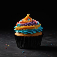 Delicious colorful cupcake with sprinkles on dark background food photography shot
