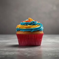 Delicious vanilla cupcake with blue and yellow frosting and sprinkles on a gray table