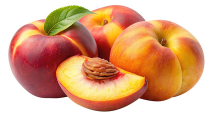 Ripe and succulent nectarines arrangement with a sliced fruit showing the pit