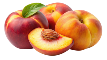 Ripe and succulent nectarines arrangement with a sliced fruit showing the pit