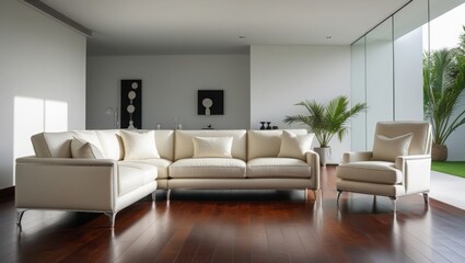 Modern villa living room with luxury sofa and armchair, minimalist decor