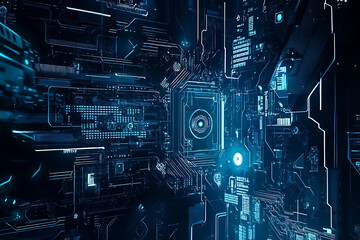 Abstract close-up of a glowing blue digital circuit board, showcasing intricate connections and technological design on a black background.
