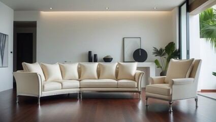 Fototapeta premium Modern villa living room with luxury sofa and armchair, minimalist decor