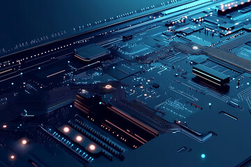 Abstract close-up of a glowing blue digital circuit board, showcasing intricate connections and technological design on a black background.

