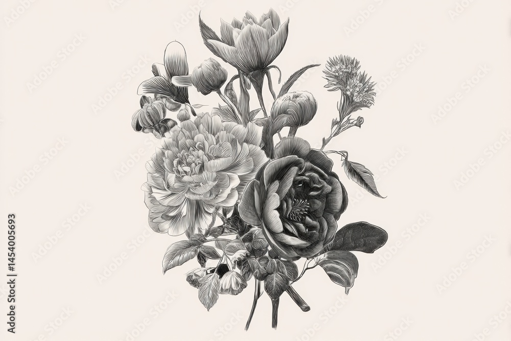 Poster botanical illustration of various flowers in detailed hand-drawn style against a white background ge
