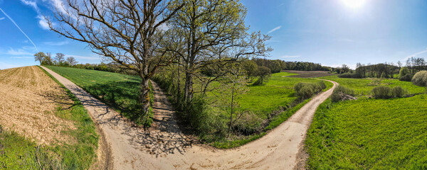 L&auml;ndliche Weggabelung im Fr&uuml;hling bei Holzem, Luxemburg