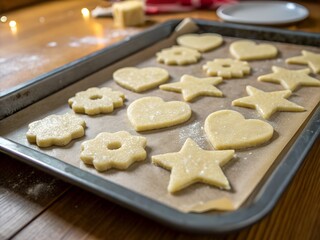 Close-up view of a wooden table with a baking tray on top. On the tray lies raw cookie dough shaped into stars, hearts, animals, and circles