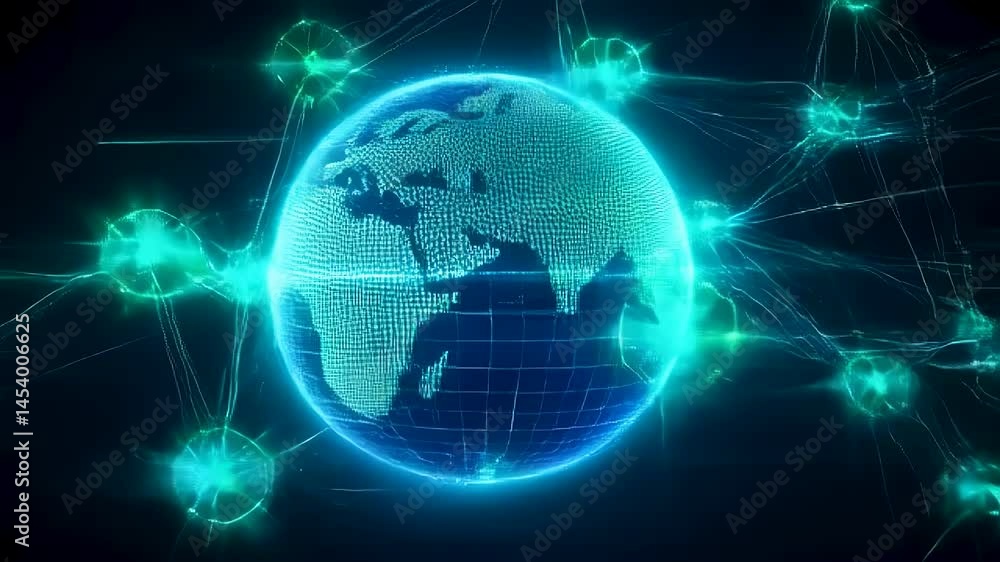 Poster digital network visualization of earth globe with glowing data connections and futuristic technology