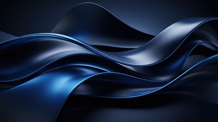 Fototapeta premium Abstract Blue Metallic Ribbons Flowing Across a Dark, Glossy Sur