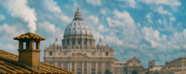 Fototapeta na wymiar Vatican rooftop chimney emitting white smoke signaling papal election, blurred St. Peter's Basilica background. Catholicism, conclave, pope symbolic banner