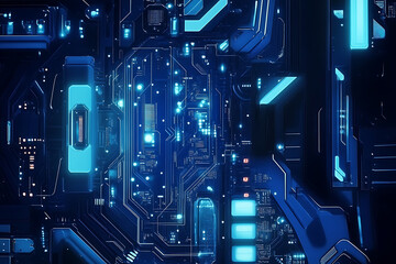 Abstract close-up of a glowing blue digital circuit board, showcasing intricate connections and technological design on a black background.
