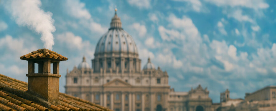 Vatican rooftop chimney emitting white smoke signaling papal election, blurred St. Peter's Basilica background. Catholicism, conclave, pope symbolic banner