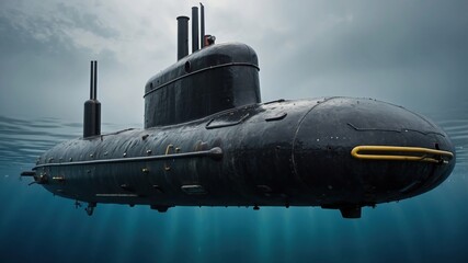 Submarine in ocean depths, a black military vessel submerged below surface waters, exploration travel and equipment for underwater activity