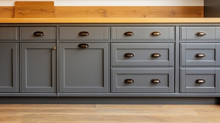 Fototapeta premium Gray kitchen cabinetry with wood accents and dark hardware.