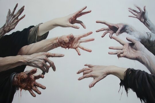 Many hands reaching