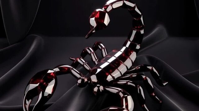 A 3D figurine of the zodiac sign Scorpio, a fierce scorpion made of dark red garnets and black onyx, sharp tail and glowing eyes, intimidating and luxurious on a black background - Powered by Adobe
