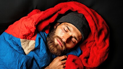 A person sleeping soundly, covered with a bright blanket, wearing a beanie hat