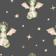 Cartoon 2024 New Year's card Dragon seamless pattern, happy new year and christmas childish background