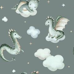 Cartoon cute kids sleeping Dragon seamless pattern, childish background