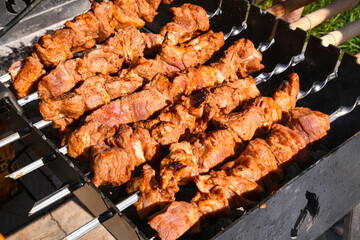 Skewers with juicy, well-marinated pieces of meat are evenly placed over the coals.