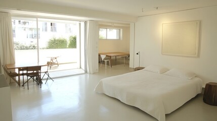 Fototapeta premium Modern, bright living space with a patio view.