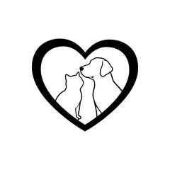 Dog and cat with heart silhouette vector flat illustration design. Dog outline. Cat outline.