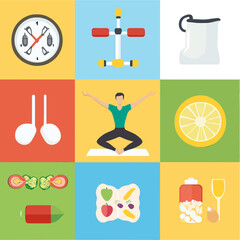 Set of vector icons on health and fitness theme: sports, nutrition, heart rate, yoga, dumbbells, running, water and active lifestyle. Suitable for apps and infographics.