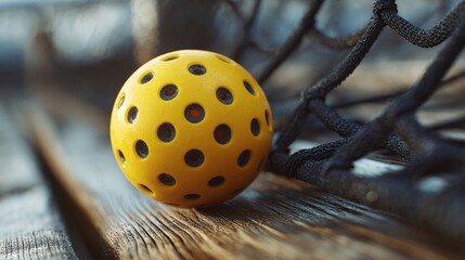 Pickleball ball resting on net — close-up outdoors