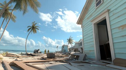 Fototapeta premium Destroyed coastal neighborhood showcasing severe damage from disaster 