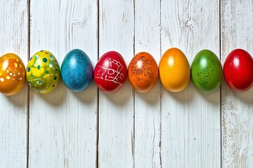 A vibrant display of colorful Easter eggs enhances a white wooden background, perfect for holiday marketing, greeting cards, and family gathering themes.