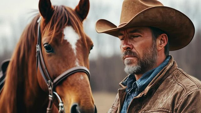 Witness a man in a cowboy hat riding a majestic brown horse in a classic Western setting.