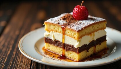 Classic Italian dessert, layers of coffee-soaked ladyfingers & mascarpone cream , close up, background, studio shot