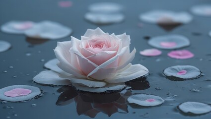 Beautiful pink rose flower floating on water with petals romantic floral photography