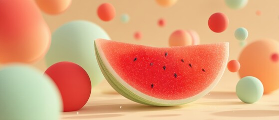 Vibrant 3d watermelon slice with abstract blobs for modern banner