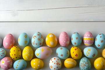 A vibrant display of colorful Easter eggs enhances a white wooden background, perfect for holiday marketing, greeting cards, and family gathering themes.