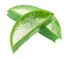 Fresh cuts of aloe vera leaf, macro shot isolated on white background.
