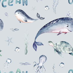 Watercolor seamless pattern with underwater world Bright fish, whale, shark dolphin starfish animals. Jellyfish seashells. Sea and ocean fish life background