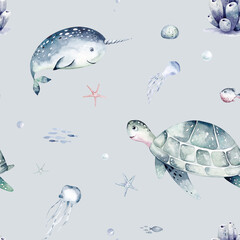 Watercolor seamless pattern with underwater world Bright fish, whale, shark dolphin starfish animals. Jellyfish seashells. Sea and ocean fish life background