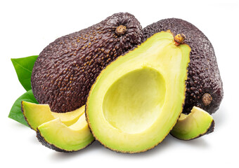 Hass avocado fruits and halved avocado with leaves isolated on white background. File contains...