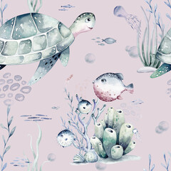 Watercolor seamless pattern with underwater world Bright fish, whale, shark dolphin starfish animals. Jellyfish seashells. Sea and ocean fish life background