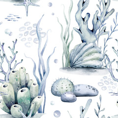 Watercolor seamless pattern with underwater world Bright fish, whale, shark dolphin starfish animals. Jellyfish seashells. Sea and ocean fish life background